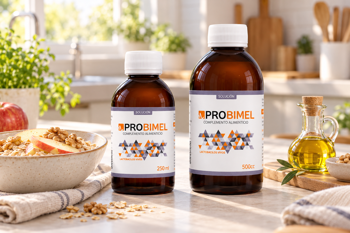 Probimel Solución de 250 y 500 ml en una cocina con avena, manzana, nueces y aceite de oliva separados de las botellas.
