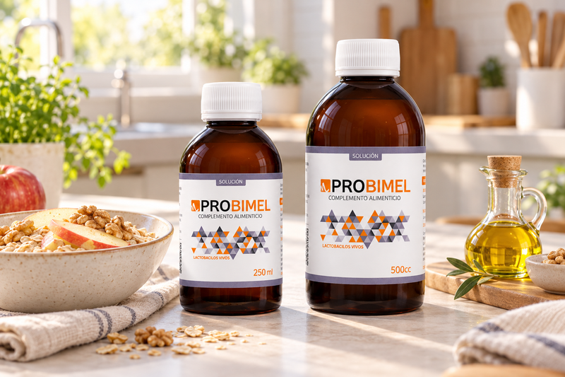 Probimel Solución de 250 y 500 ml en una cocina con avena, manzana, nueces y aceite de oliva separados de las botellas.
