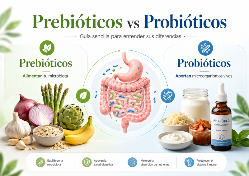 Diferencia entre prebióticos y probióticos