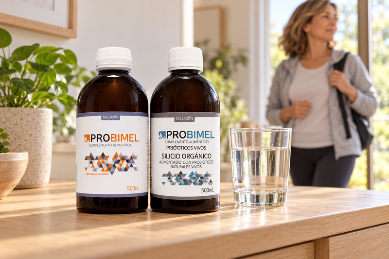 Probimel Solución y Silicio Orgánico de 500 ml junto a un vaso de agua, con una mujer al fondo preparándose para salir.