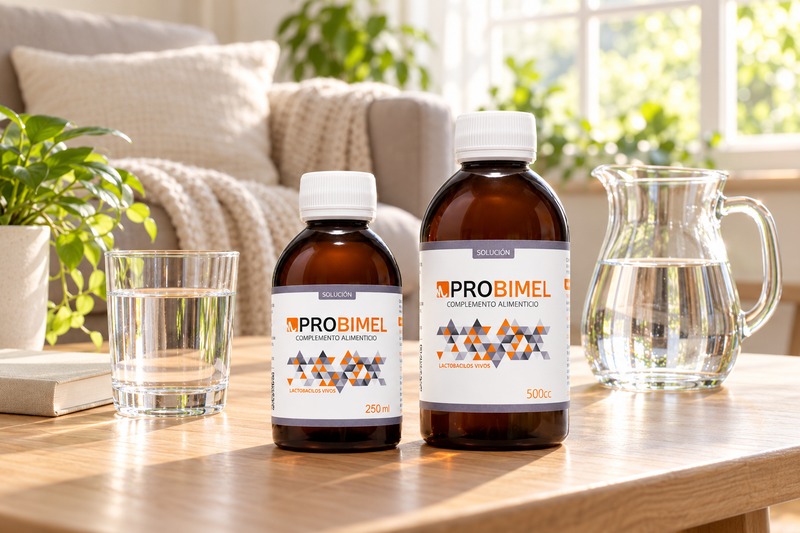 Probimel Solución de 250 y 500 ml junto a un vaso y una jarra de agua en un ambiente de cuidado digestivo.