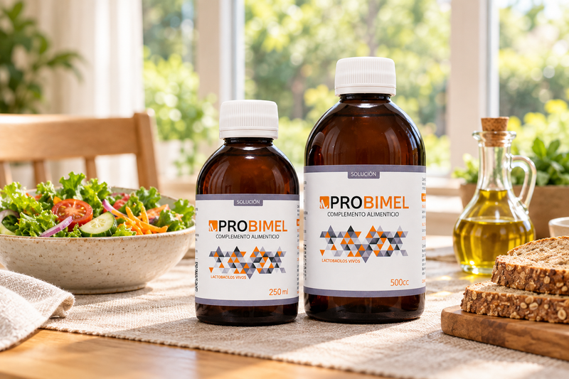 Probimel Solución de 250 y 500 ml en un comedor luminoso con ensalada, pan integral y aceite de oliva separados de las botellas.
