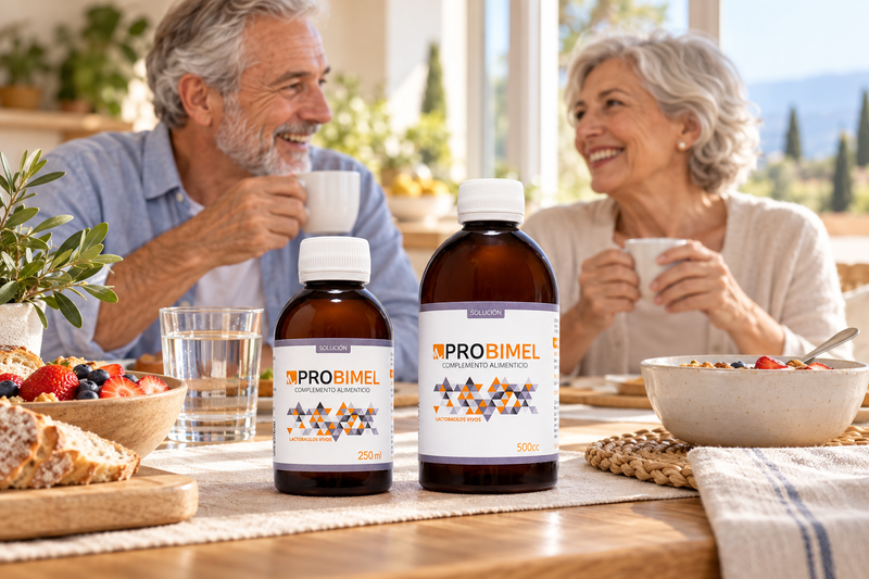 Probimel Solución de 250 y 500 ml en una mesa de desayuno, con una pareja de personas mayores al fondo.
